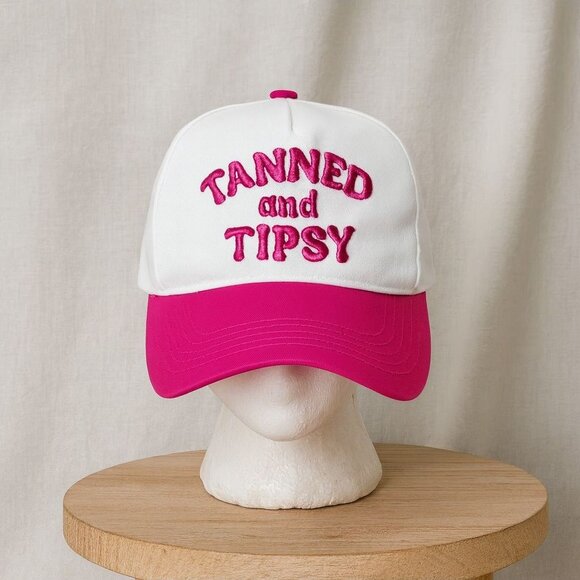 Unbranded Accessories - Tanned and Tipsy Embroidered Baseball Cap Pink White Hat Cruise Vacation Summer